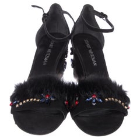 Stuart Weitzman Embellished Suede Fur Sandal Heels - Picture 6 of 15